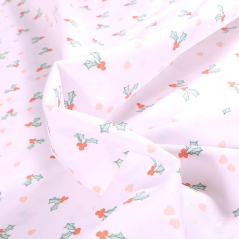 Tissu Coton imprimé Gui de noël sur fond Blanc
