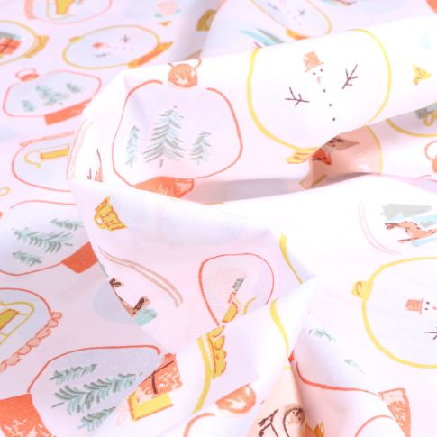 Tissu Coton imprimé Boules de noël décorées sur fond Blanc
