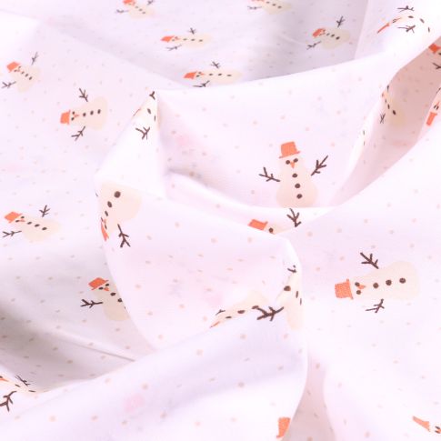Tissu Coton imprimé Bonhomme de neige sur fond Blanc