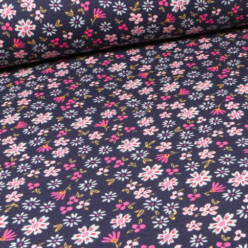 Tissu Sweat envers minky Flowers sur fond Bleu marine