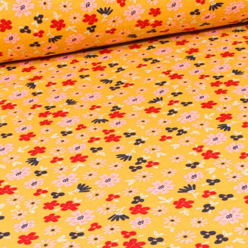 Tissu Sweat envers minky Flowers sur fond Jaune