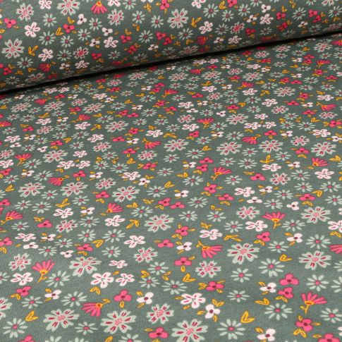 Tissu Sweat envers minky Flowers sur fond Vert kaki