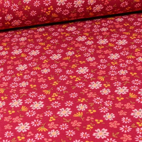 Tissu Sweat envers minky Flowers sur fond Lie de vin