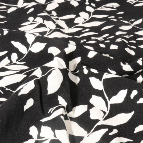 Tissu Viscose imprimé Feuillage blanc sur fond Noir