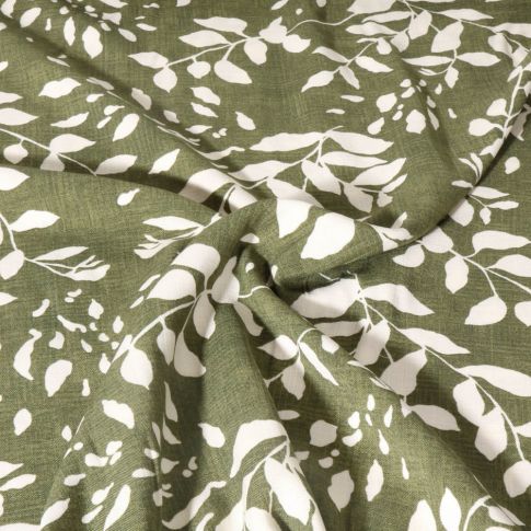 Tissu Viscose imprimé Feuillage blanc sur fond Vert kaki