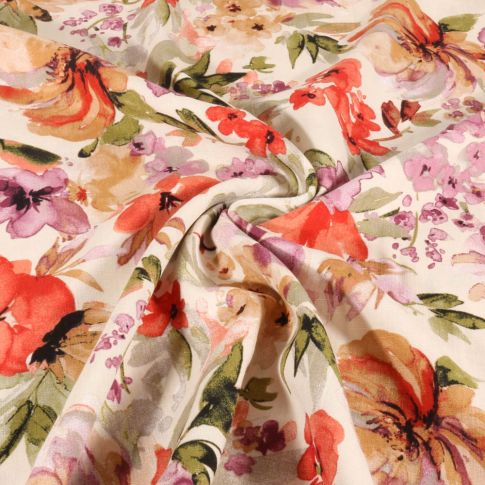 Tissu Viscose aspect Lin fleurs rouges, lilas et vertes sur fond Ecru