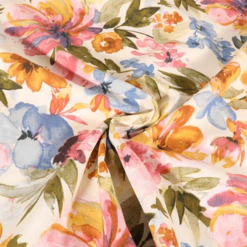 Tissu Viscose aspect Lin fleurs bleues, roses et ocres sur fond Ecru