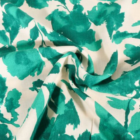 Tissu Viscose aspect Lin Fleuris Vert sur fond Ecru