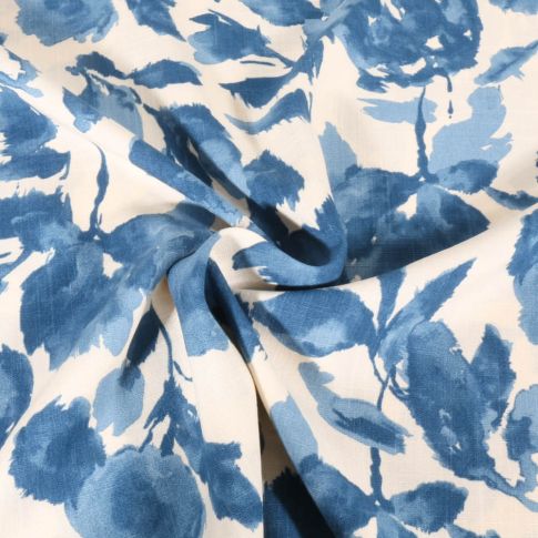 Tissu Viscose aspect Lin Fleuris bleu sur fond Ecru
