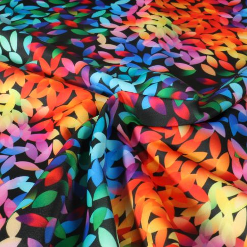 Tissu Maillot de bain imprimé Feuilles multicolores sur fond Noir