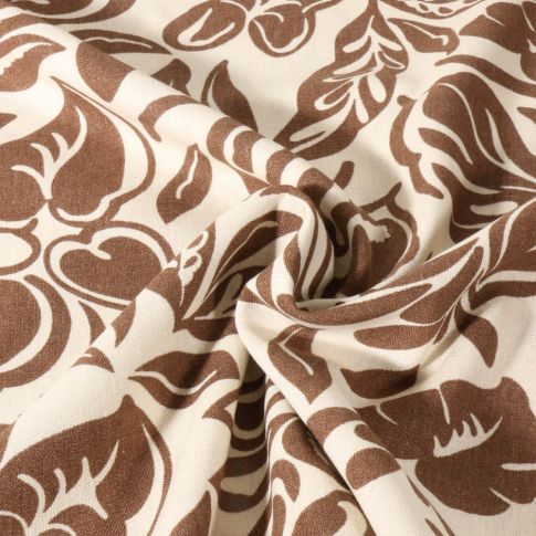 Tissu Lin Viscose Feuilles exotiques marrons sur fond Beige