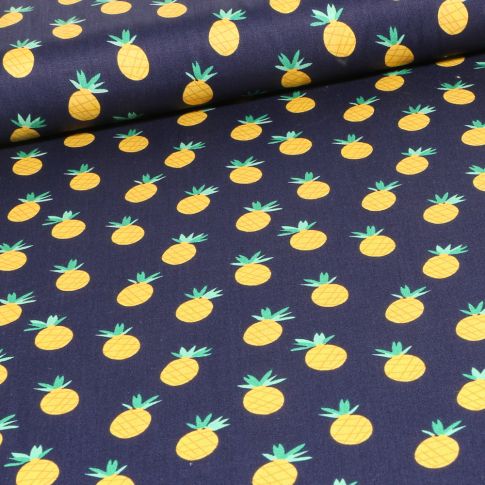 Tissu Coton imprimé Ananas sur fond Bleu marine