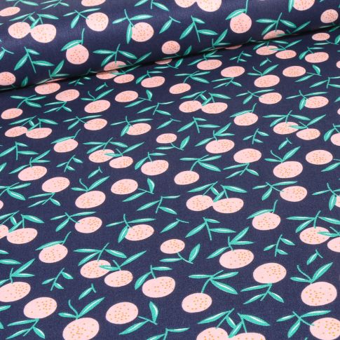 Tissu Coton popeline imprimé Pêches sur fond Bleu marine
