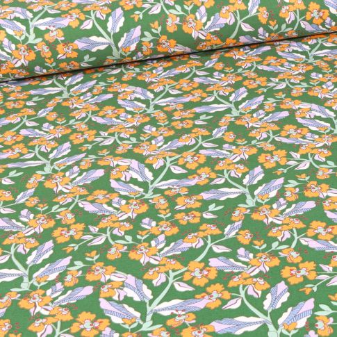 Tissu Coton imprimé Sarah fleuris sur fond Vert