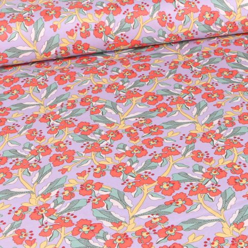 Tissu Coton imprimé Sarah fleuris sur fond Mauve
