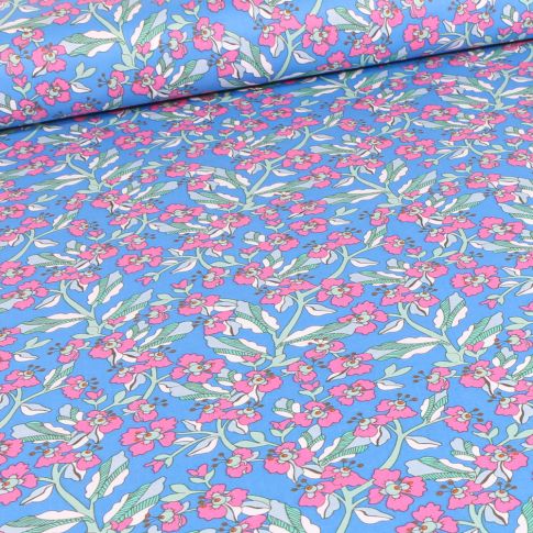 Tissu Coton imprimé Sarah fleuris sur fond Bleu