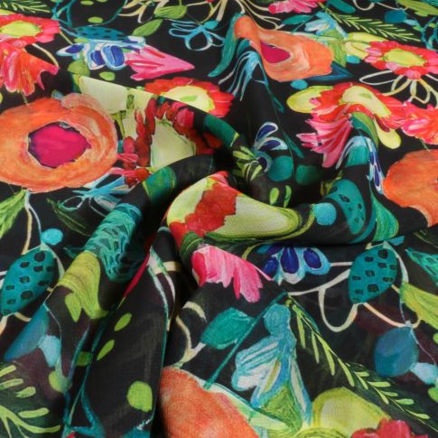 Tissu Mousseline de Viscose Fleurs Ezio sur fond Noir
