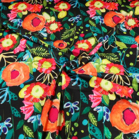 Tissu Jersey imprimé Fleurs éclatantes sur fond Noir