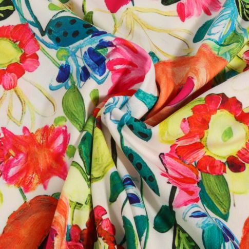 Tissu Jersey imprimé Fleurs éclatantes sur fond Blanc