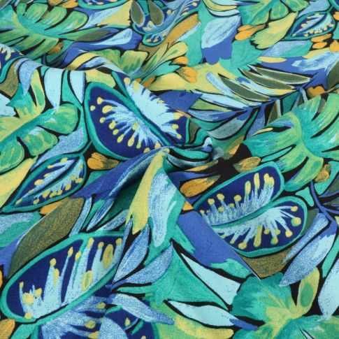 Tissu Viscose Feuillage exotique sur fond Bleu