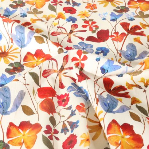 Tissu Coton Satiné extensible Fleuris Afonso sur fond Ecru