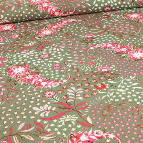 Tissu Viscose Indou sur fond Vert kaki clair