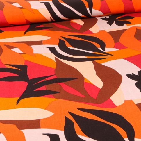 Tissu Viscose Feuillages abstraits colorés sur fond Orange