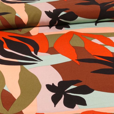 Tissu Viscose Feuillages abstraits colorés sur fond Vert kaki