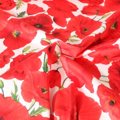 Tissu Coton Satiné extensible Coquelicot rouge sur fond Blanc