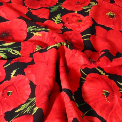 Tissu Viscose imprimé Coquelicot rouge sur fond Noir