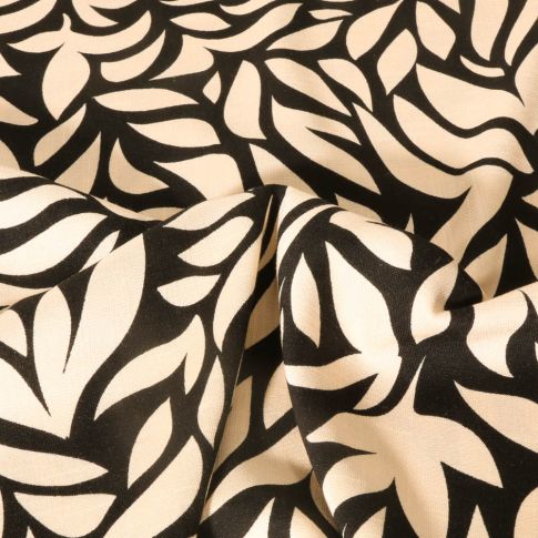 Tissu Viscose extensible Formes végétales sur fond Noir