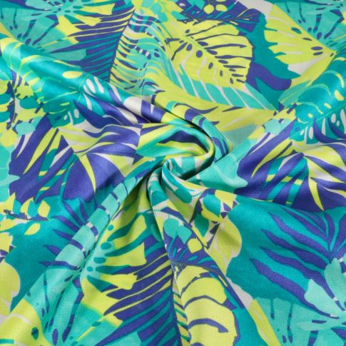 Tissu Satin imprimé Feuillage tropical sur fond Bleu