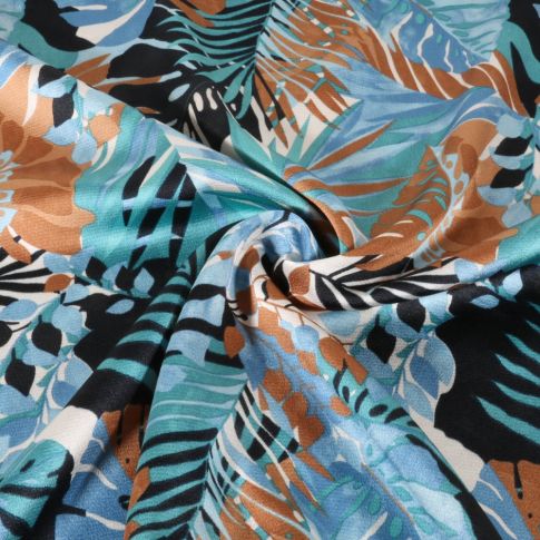 Tissu Satin imprimé Feuillage tropical sur fond Noir
