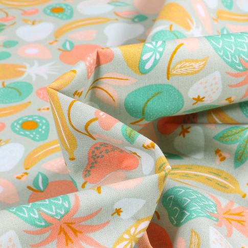 Tissu Coton imprimé Fruitty sur fond Vert pâle