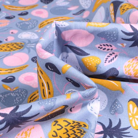 Tissu Coton imprimé Fruitty sur fond Bleu