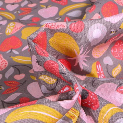 Tissu Coton imprimé Fruitty sur fond Gris
