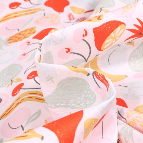 Tissu Coton enduit Fruits variés et colorés sur fond Blanc