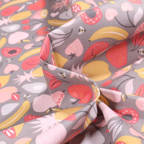 Tissu Coton enduit Fruits variés et colorés sur fond Gris