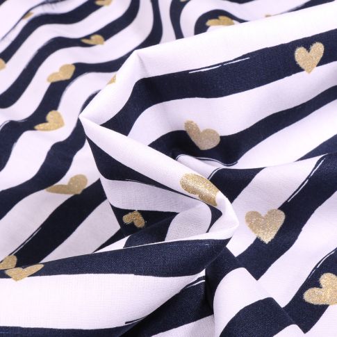 Tissu Coton imprimé Rayures et cœurs dorés sur fond Bleu marine