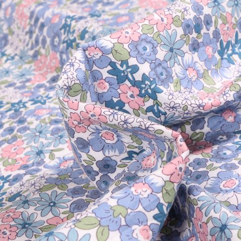 Tissu Coton imprimé Sweet Flower Flores bleu sur fond Blanc