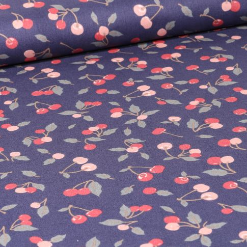 Tissu Coton imprimé Cerises pastel sur fond Bleu marine