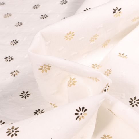 Tissu Plumetis Coton Pâquerettes métallisé doré sur fond Blanc