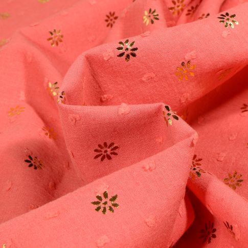 Tissu Plumetis Coton Pâquerettes métallisé doré sur fond Corail