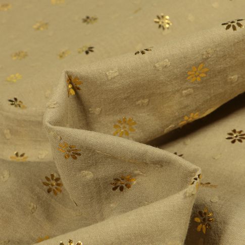 Tissu Plumetis Coton Pâquerettes métallisé doré sur fond Vert kaki