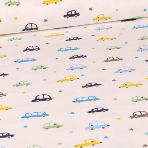 Tissu Flanelle Voitures multicolores sur fond Blanc