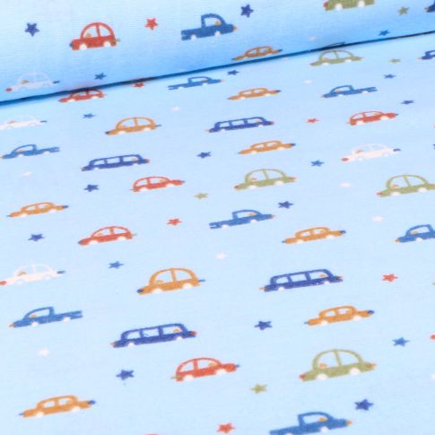 Tissu Flanelle Voitures multicolores sur fond Bleu