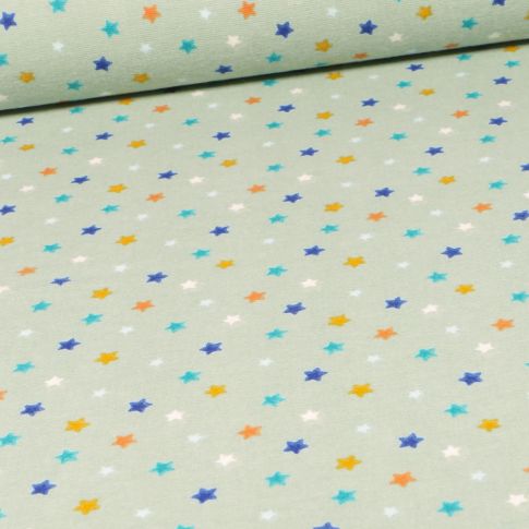 Tissu Flanelle Etoiles multicolores sur fond Vert menthe clair