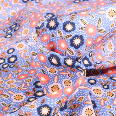 Tissu Coton imprimé Riza sur fond Bleu
