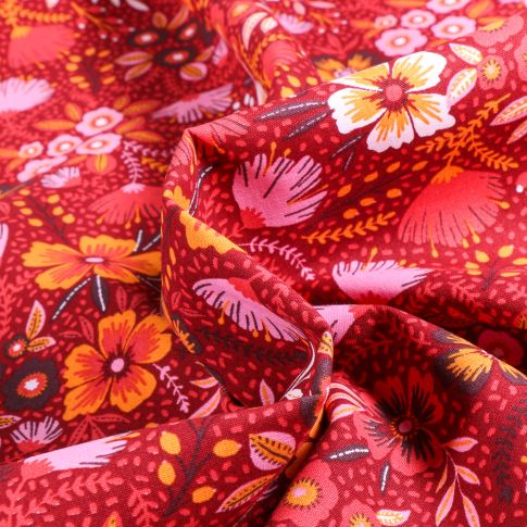 Tissu Coton imprimé Rizy sur fond Bordeaux