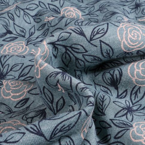 Tissu Jersey Coton envers molletonné Tulipes dorés sur fond Bleu gris